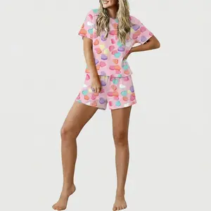 Women's Cute Heart Print Pajama Set - Short Sleeve Tee and Shorts 2 Piece Loungewear - Sweet Candy Valentine's Day PJs for Girls & Teens