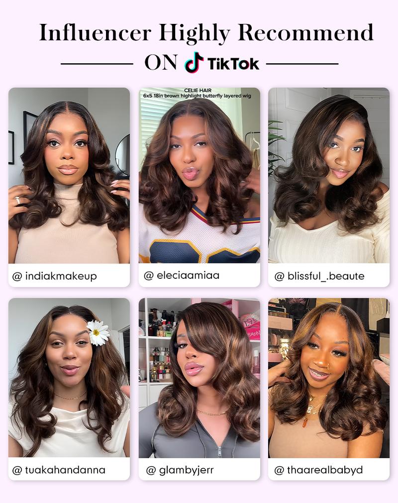 Celie Hair Ombre Brown Highlight 1B/2/30 Butterfly Layered Cut Glueless Wig Blonde Highlight 1B/22 6x5 HD Lace Ready to Go Wigs 200% Density Natural Black Human Hair Closure Wig Pre-bleached Knots & 3D Dome Cap