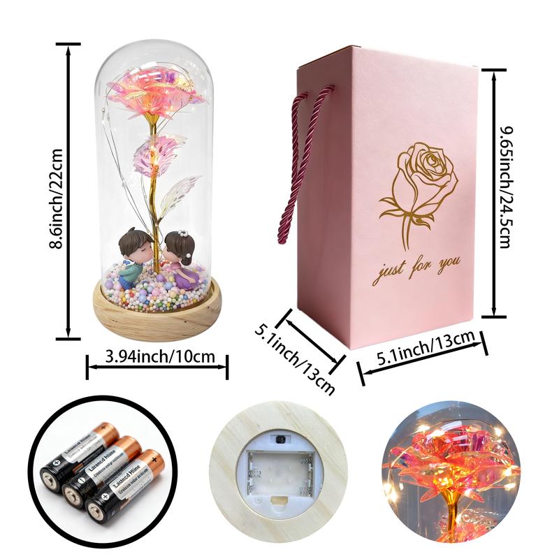 Valentine's Day Gift: Eternal Rose Bouquet in Glass Dome Features LED-illuminated roses and couple dolls Requires 3 AAA batteries (not included) Creative Gift Recommendation: Perfect for parents, girlfriend, boyfriend, daughter, or sister