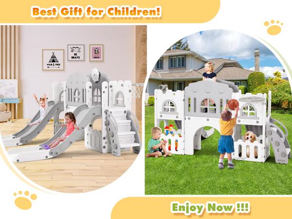 9 in 1 Toddler Slide Set with Double Slides Climber Basketball Hoop Tunnel Telescope Storage Non-Slip Steps Indoor Outdoor Playset for Toddlers Age 1-3+