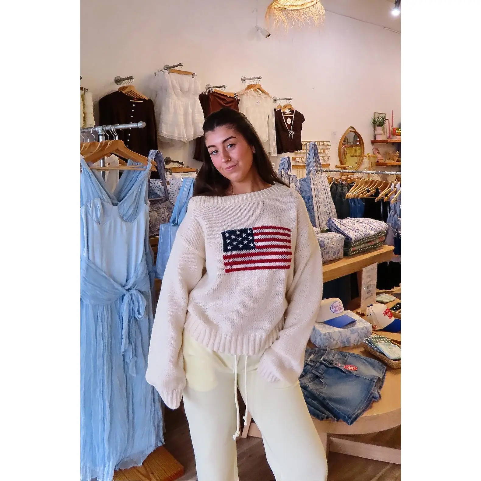 Women's American Flag Knit Sweater, Oversized Long Sleeve Pullover Top with a Boat Neck and Ribbed Hem, Casual Longsleeve Top, Fit, Tops