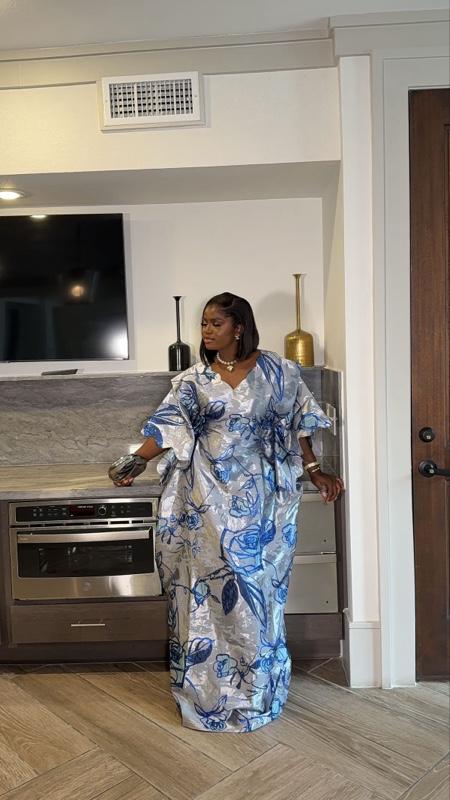 Arwa Brocade Elegant Dress for Women - Blue Floral Design on Gray Fabric with a ruffled sleeve and classic cut for any occasion