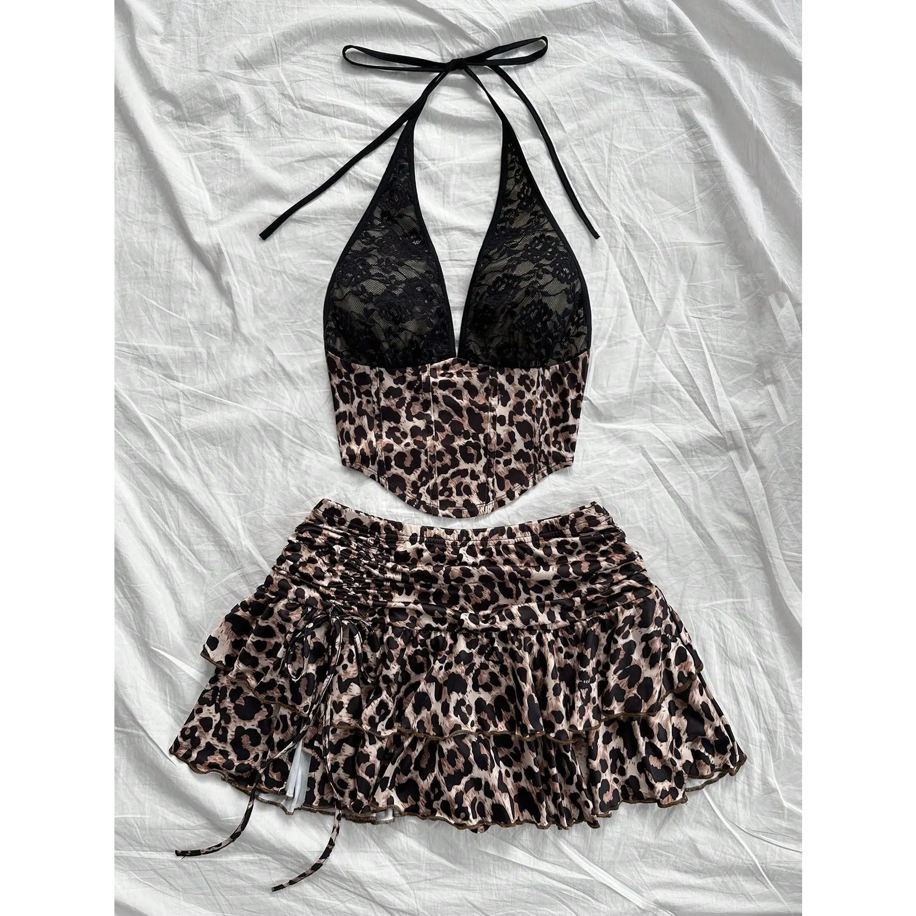 Women's 2 Piece Matching Set - Vintage Lace V-Neck Halter Crop Top & Leopard Print Ruffle Mini Skirt, 2 Piece Sets, Women's Matching Sets