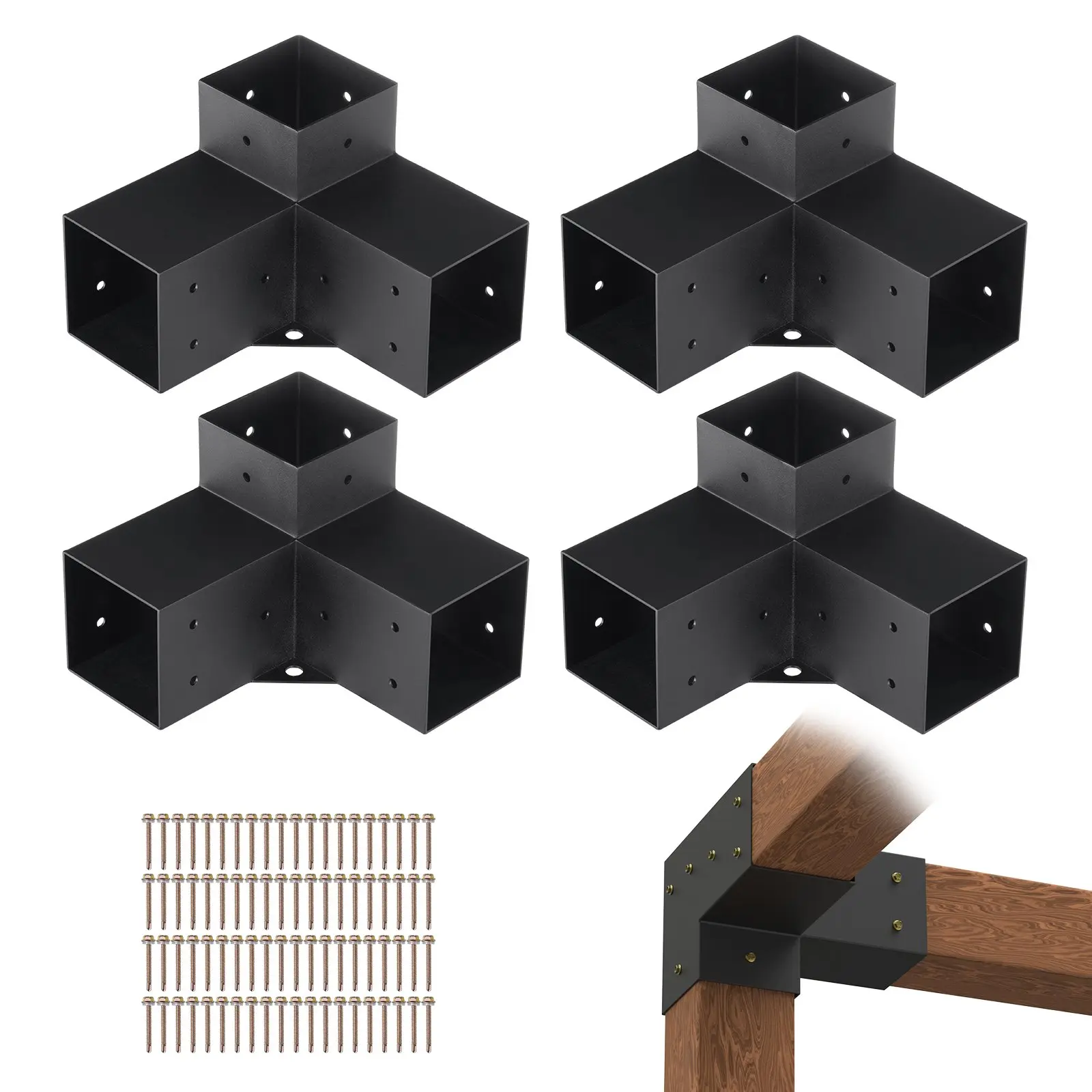 Pergola Bracket Kit 4''x4'', 4 pcs 3-Way Heavy Duty Corner Bracket Woodworks DIY Post Base Kit, Easy Installation Wooden Beams for Gazebos, Patio Pergolas, Log Cabin Outdoor Pergola Hardware, Steel, Three-Way