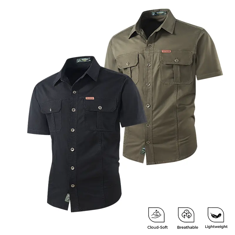 Menswear 2-Pack Men's 100% Cotton Short-Sleeve Cargo Shirts - Cloud-Soft, Breathable, Lightweight, High-Density, Wind-Resistant, Durable Work Shirts with Chest Pockets, Loose-Fit 3D-Tailored Stylish Casual Tops for Hiking, Daily Wear (Auto Solid Color), S