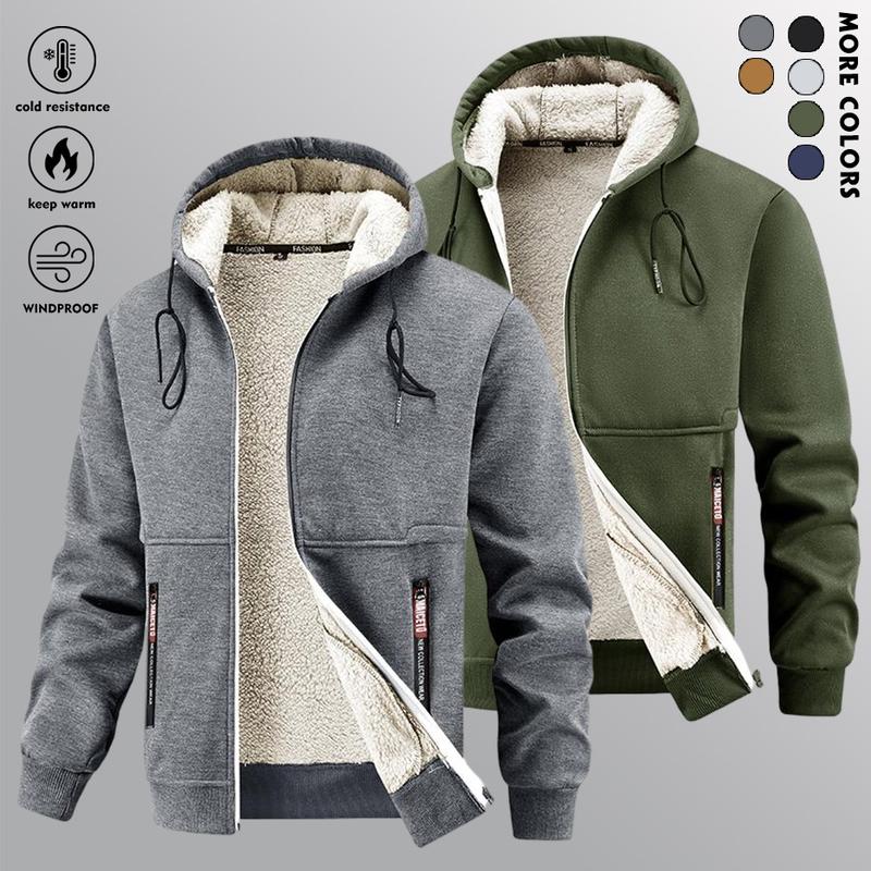 Men's fleece-lined zip-up jacket with hood, warm and cozy for winter weather, featuring pockets and soft fabric, perfect for gym, skiing, outdoor activities - machine washable cold weather apparel Casual