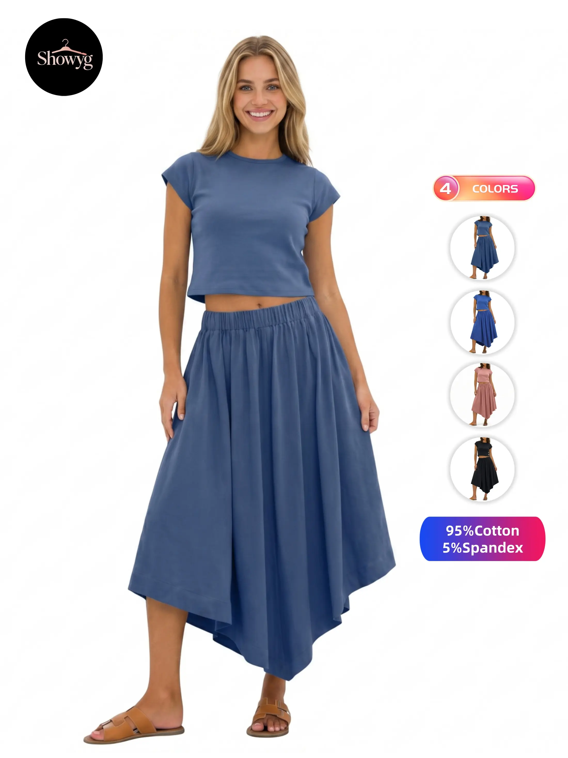 Showyg Women's 2-Piece Basic Casual Outfit Set - Short Sleeve Crew Neck Plain Slimming Fitted Cropped Top, Elastic Waist Asymmetric Midi Skirt, 95% Cotton 5% Spandex Blend for Daily & Lounge Wear