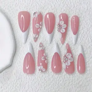 Handmade French Almond Floral Tip Acrylic Press on nails.