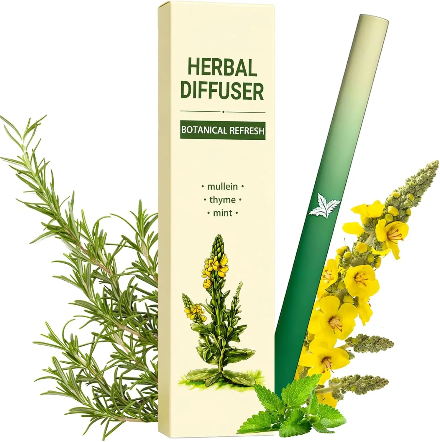 Herbal Diffuser Pen with Mullein, Thyme & Mint, Plant-Based Blend | For Relaxing Moments with Non-Electric Personal Aroma Design, Perfect for Desk, Travel, Home & Office
