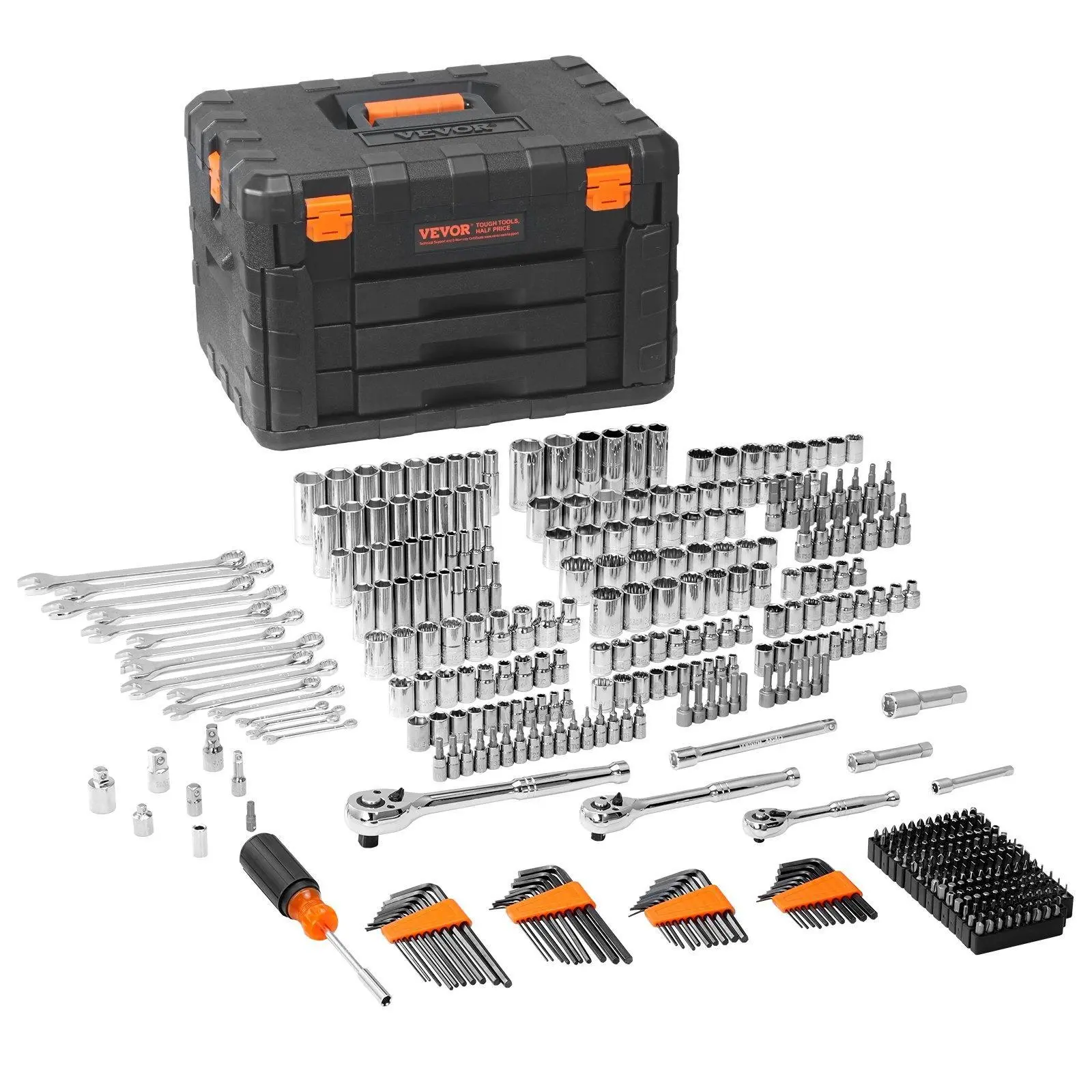 【summerfinds】VEVOR Heavy Duty Mechanic Tool Set with Tool Box, 145/205/450 Pcs SAE & Metric Hardware Kit, 1/4"-3/8"-1/2" Drive Deep & Standard Sockets, Bits, Combination Wrenches, Hex Wrenches, Accessories for Construction & Automotive Use, Storage Case