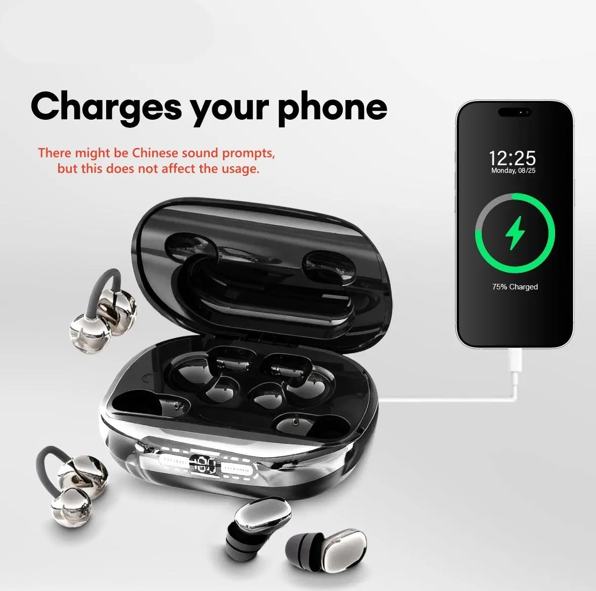 GT63 Power bank & Ear clip type & Sleeping type 3-in-1 wireless Bluetooth headphones,Can charge the phone in reverse,With two pairs of headphones included,Waterproof and sweat-proof, with excellent sound transmission quality,Suitable for couples,sports
