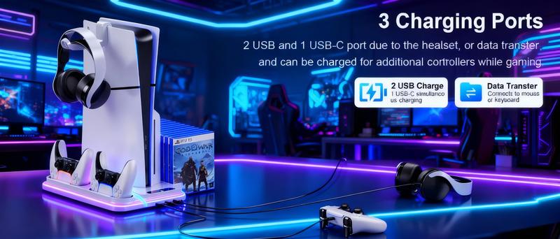 Ukor PS5 Cooling and Charging Dock for PlayStation 5 Standard & Slim Consoles Dual Controller Charger 3-Speed Fan RGB Lighting Headset Hook 3 USB Hubs Springtok Gaming Cooler Accessories ps5 accessories controller Organizer Wearable Headphones