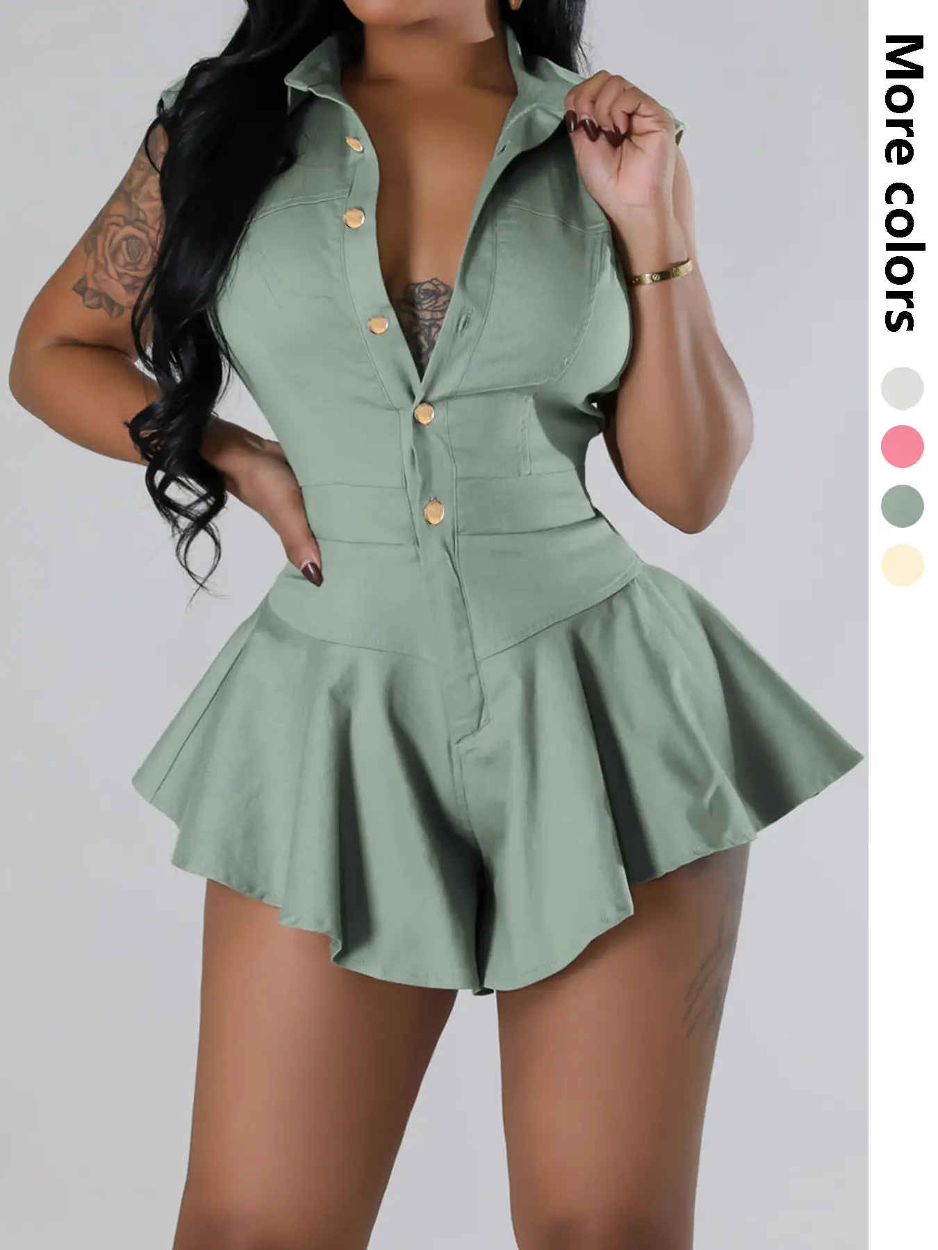 Women's Sleeveless Collared Button Front Bodycon Ruffled Fitted Romper, Chic Elegant Casual Womenswear One-Piece Plain Button Jumpsuit, Perfect for Daily Wear & Stylish Fit