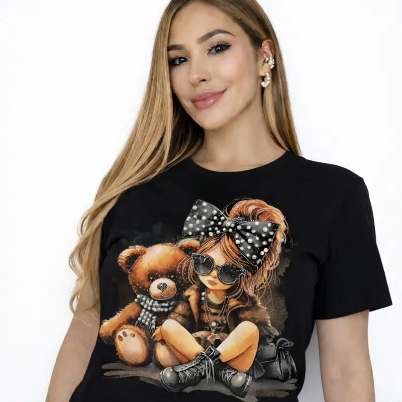 Women's Streetwear Graphic T-Shirt with Rhinestones, Elegant Short Sleeve Fashion Top in Comfortable Stretch Fabric, Jeans, Fits, Tops, Style, Fashion Apparel, Chic, Sparkle Accents, Rhinestone Detail, Tshirt, Round Neck, Lady, Perfect Fit