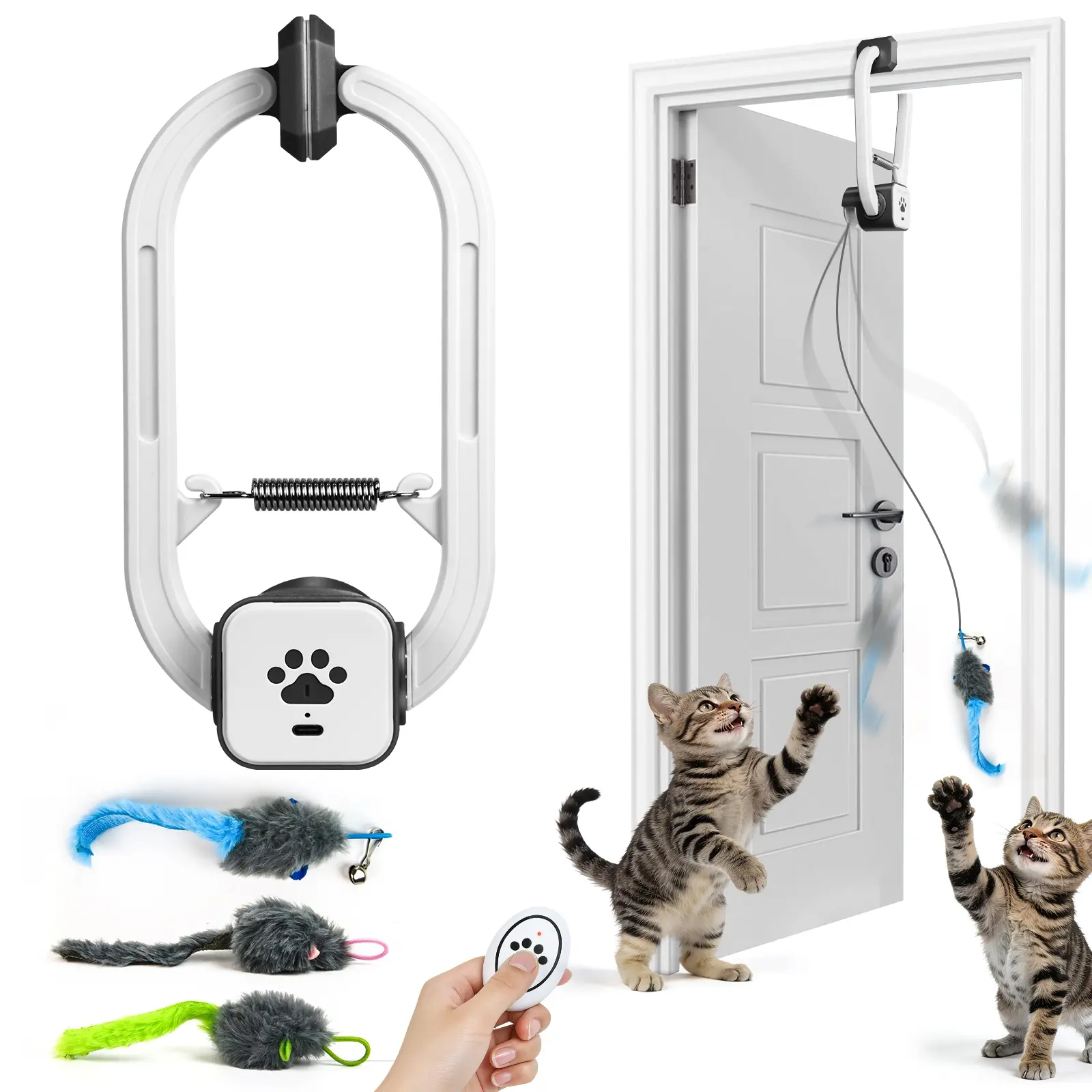 Remote-Controlled Electric Cat Teaser Toy Kit - 1 Remote Control, Rechargeable Clip-On Door Frame, Adjustable Length, 2 Modes (360° Rotation, Irregular Bounce), Soft Plush, Engagement, Anxiety Aid, Interactive Play Eases Feline Stress, Feline Gift, 3 Cord