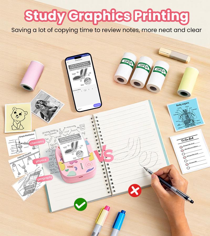 [Valentines'DaySale] XenGro Mini Sticker Bluetooth Printer included 3 Roll label Thermal Pocket Printer,Inkless Portable Printer B&W Printing Only for Study Notes, Photos, Memos, Lists, Journals Printing Machine Sticky Label, Birthday Gifts for Girls Boys