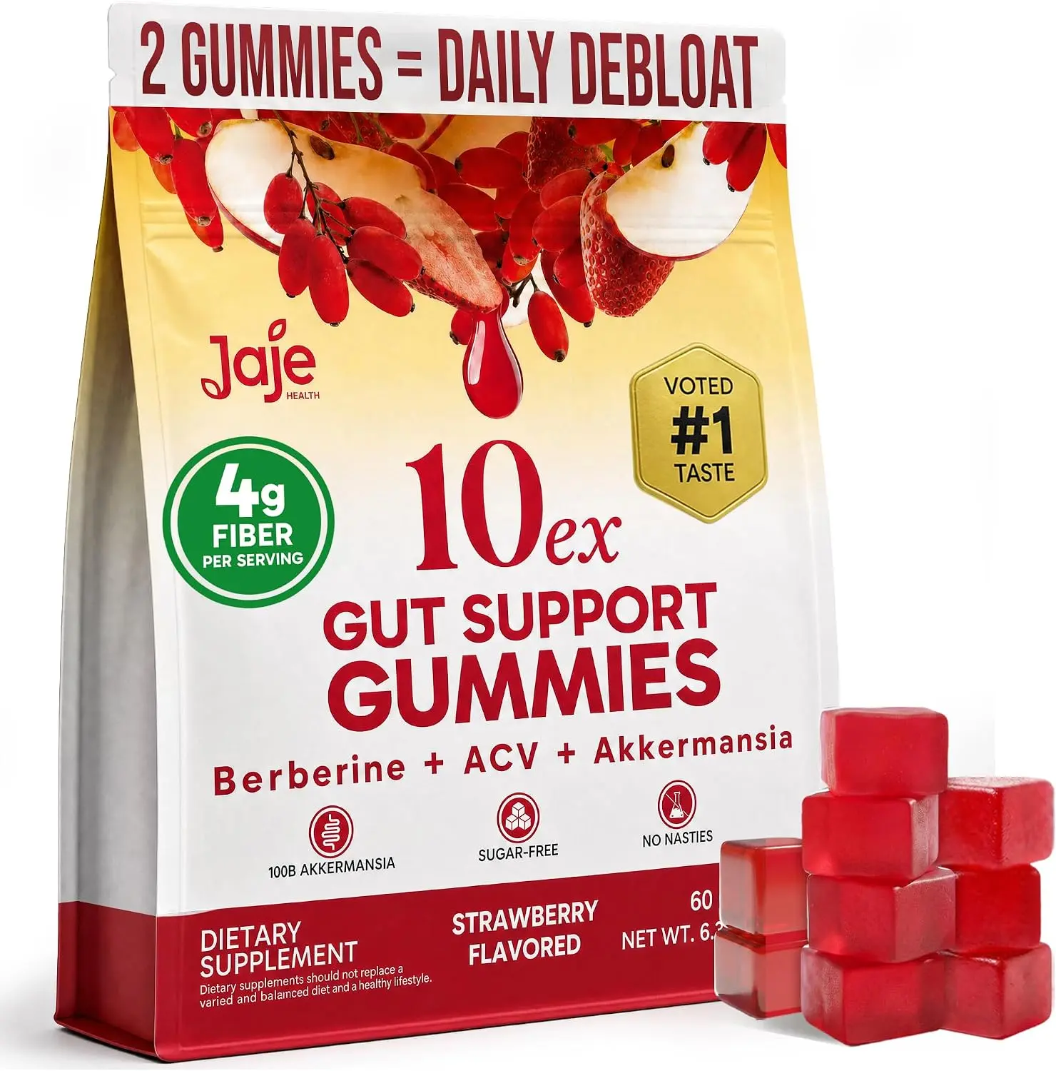 Jaje 10ex Gut Support Gummies with Probiotics & Prebiotic Fiber | Apple Cider Vinegar, Berberine & Akkermansia | Sugar Free, Vegan | Strawberry | 60 Gummies, Berberine Vitamins Supplements