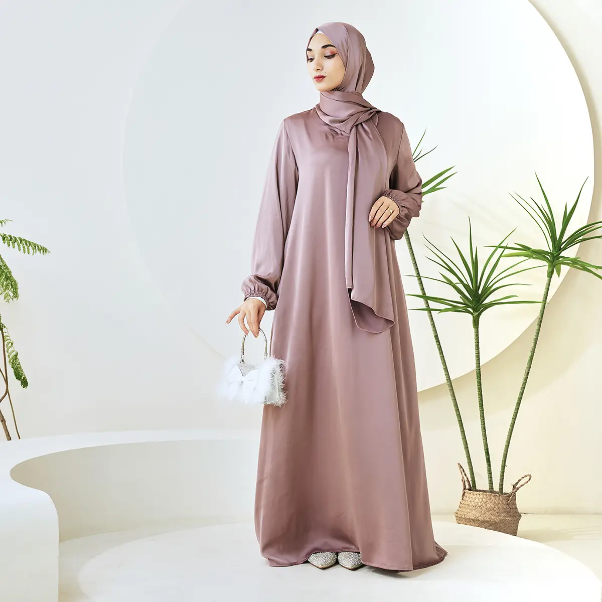 Women's AMANI Satin 1-Piece Abaya with Hijab (NCA001) - Luxury, Glamorous, Modern Hijabi Fashion, Modest Silk Formal Islamic Modesty Outfit, Glamorous Abayas