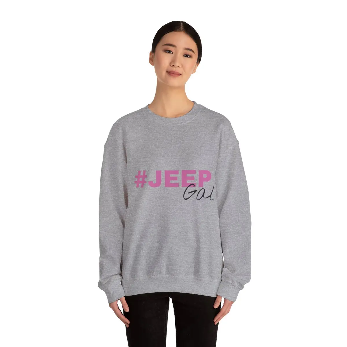 Unisex Heavy Blend Crewneck #JeepGal Sweatshirt, Polyester/Cotton Blend, Ethically Sourced, Tear-away Label