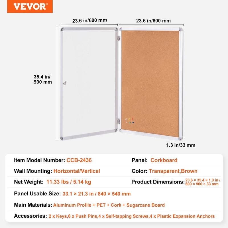 VEVOR 36"x24" Enclosed Cork Board with Aluminum Frame –  Lockable Bulletin Board with Acrylic Door & 2 Keys – Weather-Resistant Wall Display Case for School,  Home, Office