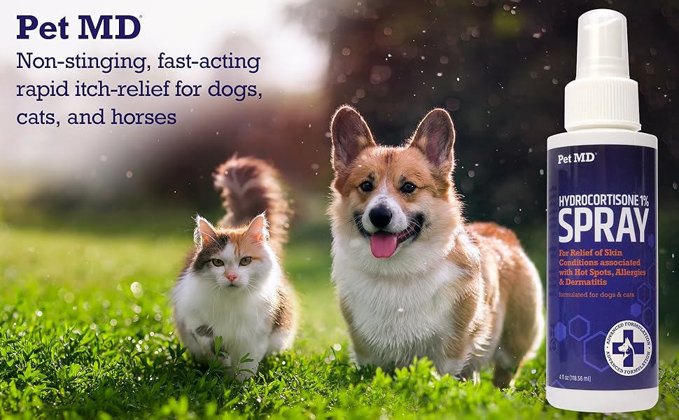 Pet MD Hydrocortisone Spray for Dogs, Cats, Horses - Itch Relief Spray & Hot Spot Treatment for Dogs, Irritated Dry Itchy Skin, Allergies, and Dermatitis - Reduces Topical Inflammation - 4 oz