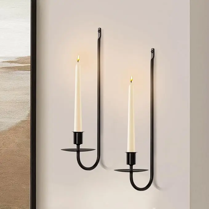 Wall Candle Holder Set of 2, Stylish Black Metal Wall Mount Candle Sconces, Modern Wall Decoration for Living Room, Farmhouse, Fireplace, and Christmas Decor(without candles)