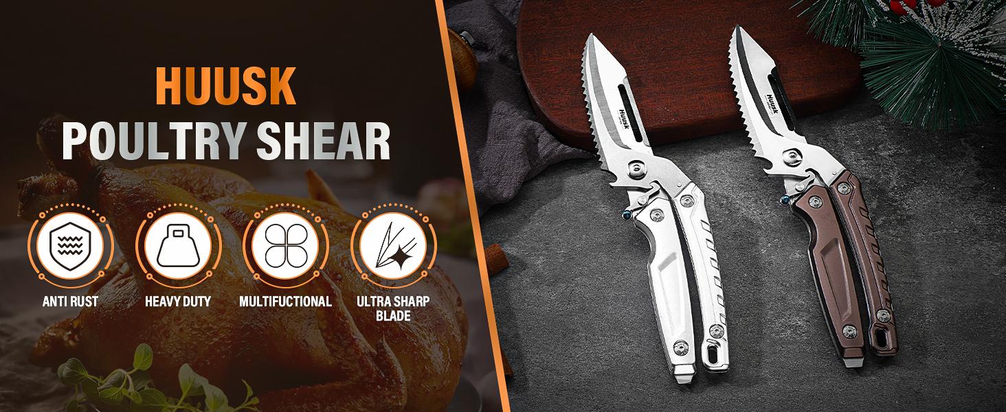【February Faves】Huusk-7in1 Versatile Kitchen&Outdoor Stainless Scissors – Heavy Duty Poultry &Meat Shears for Chicken, Turkey, Fish & BBQ  Serrated Blade, Peeler, Bottle&case Opener, Detachable  Design, Safety Lock ,Holiday Gift Idea