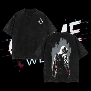 Assassin's Creed Double Printed Oversize Lightweight Acid Washed Tee Game Graphic T-Shirt Sweater Hoddie for Men Casual Day Wear Cotton Fabric - Jeans Vintage Gaming Retro Black Tee Oversized