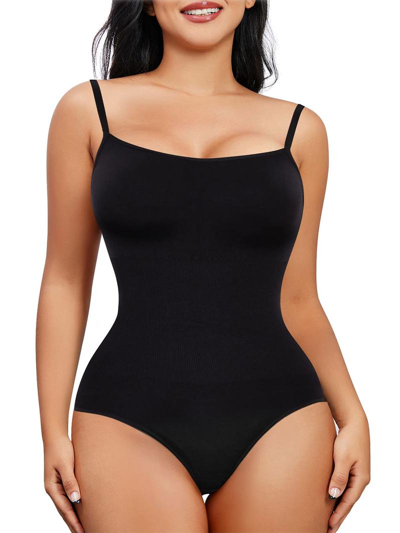 Nebility Women's Solid Seamless Camisole Bodysuit - Flat Neck Spaghetti Strap, Sleeveless Casual for Daily Wear, Minimalist Black Shapewear Vest Basic