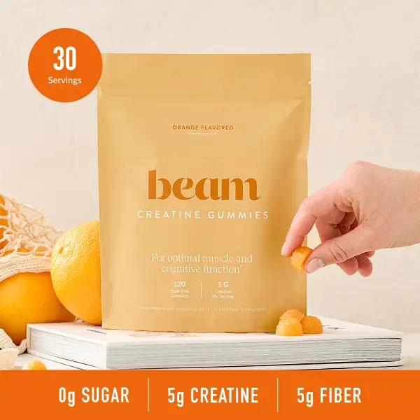 Beam Creatine Chewable Gummies - 30 Servings (120 Gummies), Orange Flavor, 5g Creatine + 5g Fiber, Sugar-Free Dietary Natural Supplements, Fitness Support, Body Goal Boost, All Levels Brain Health Aid