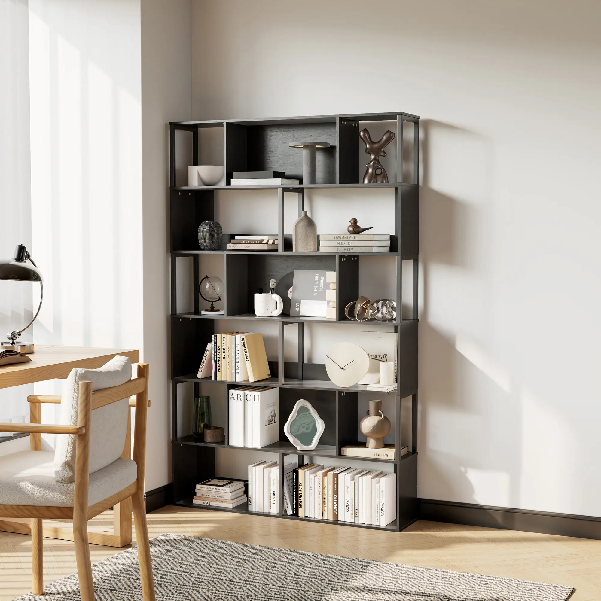 6-Tier Geometric Standing Bookshelf - Metal Room Divider & Display Shelf - Anti-Tip Device - Slim Standing Shelf for Living Room, Home Library, Office - Sunset Cloud Color
