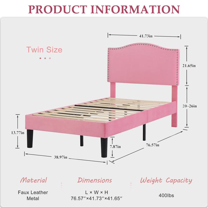 VECELO Pink Bed Frame Platform Bed Frame with Upholstered Headboard, Strong Frame and Wooden Slats Support, Strong Weight Capacity, Non-Slip and Noise-Free, Easy Assembly