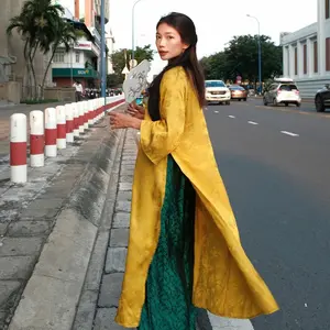 "Moc Cam Vang" Premium Ao Dai set - Jaquard Silk in Yellow with Peacock Wormsilk Pants  [Modern cut]