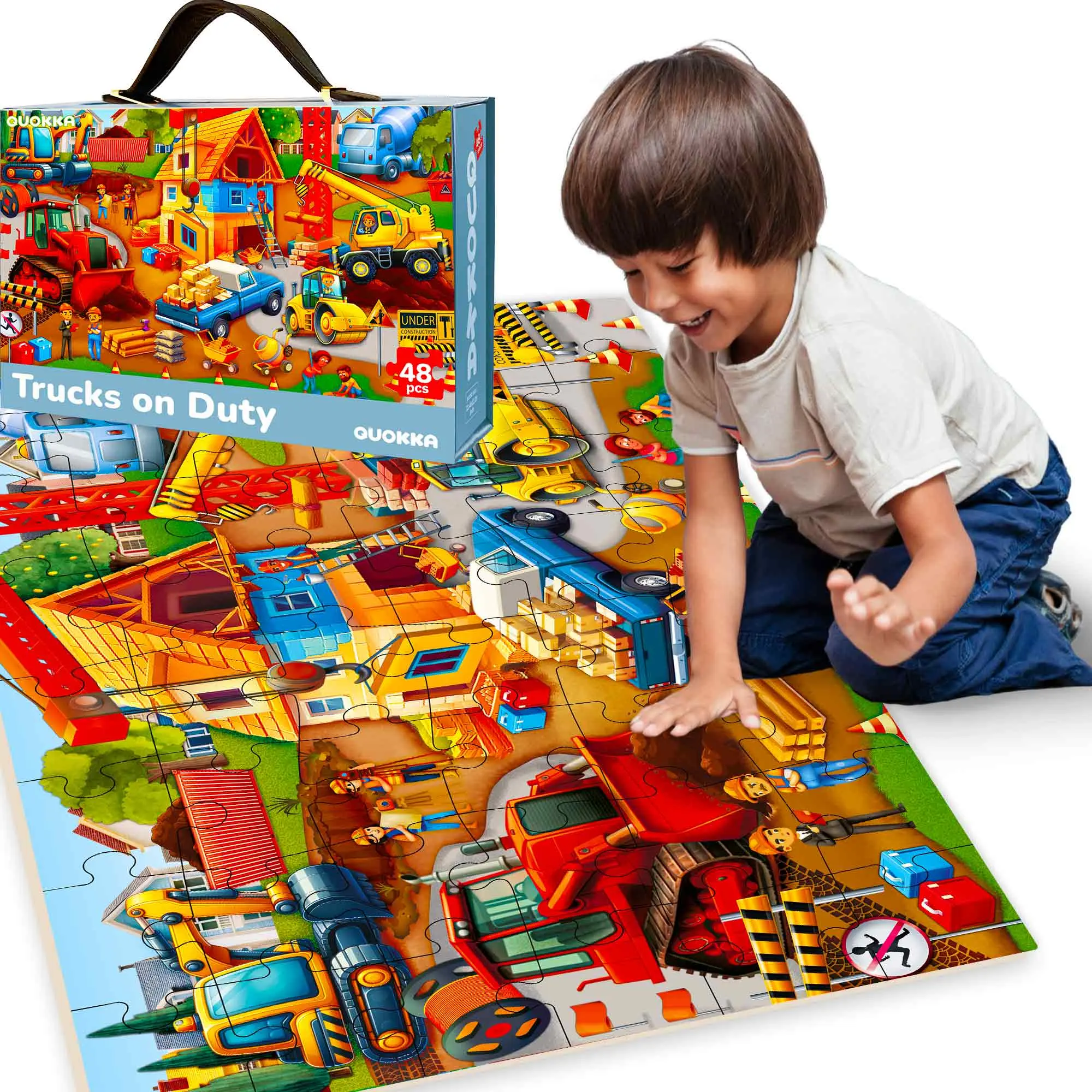 QUOKKA 2x3 FT Giant Cardboard Floor Jigsaw Puzzle - Construction-Themed Truck Game with Large Irregular Pieces, Intermediate Developmental Toy for Ages 4-6, Boosts Fine Motor, Coordination, Cognitive, Memory Skills, Includes Premium Gift Box, Coordinates,
