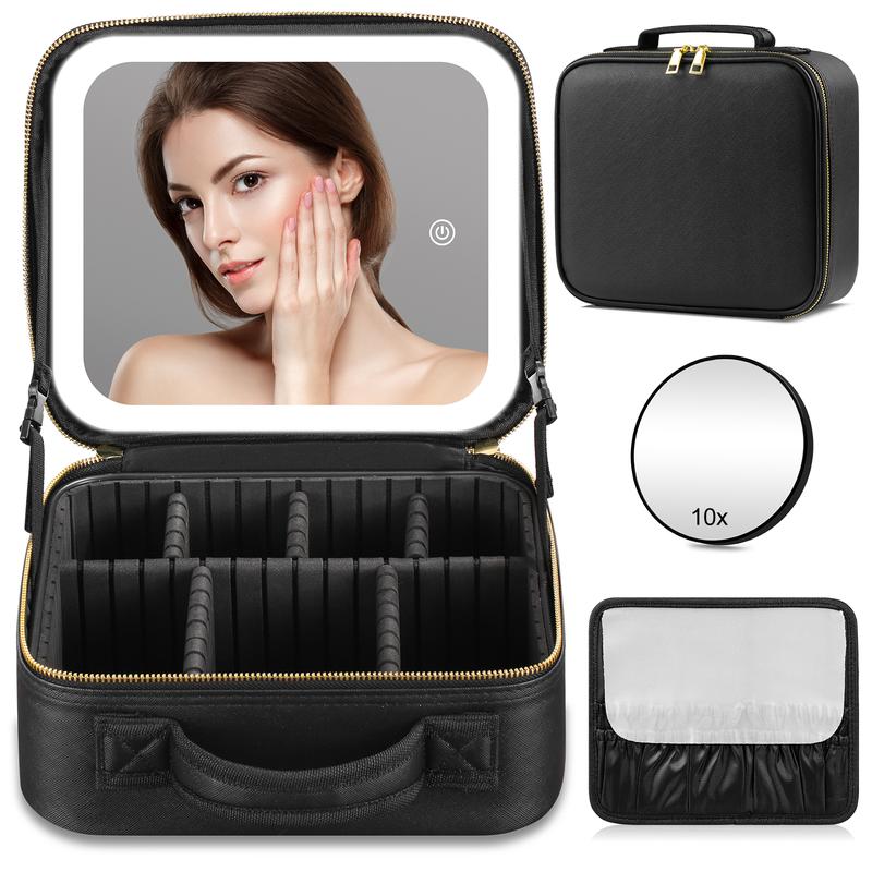 Portable Travel Makeup Bag with LED Mirror, 3 Color Light Settings, Rechargeable Cosmetic Organizer Case for Women, Portable Vanity Box for Beauty Essentials Zip