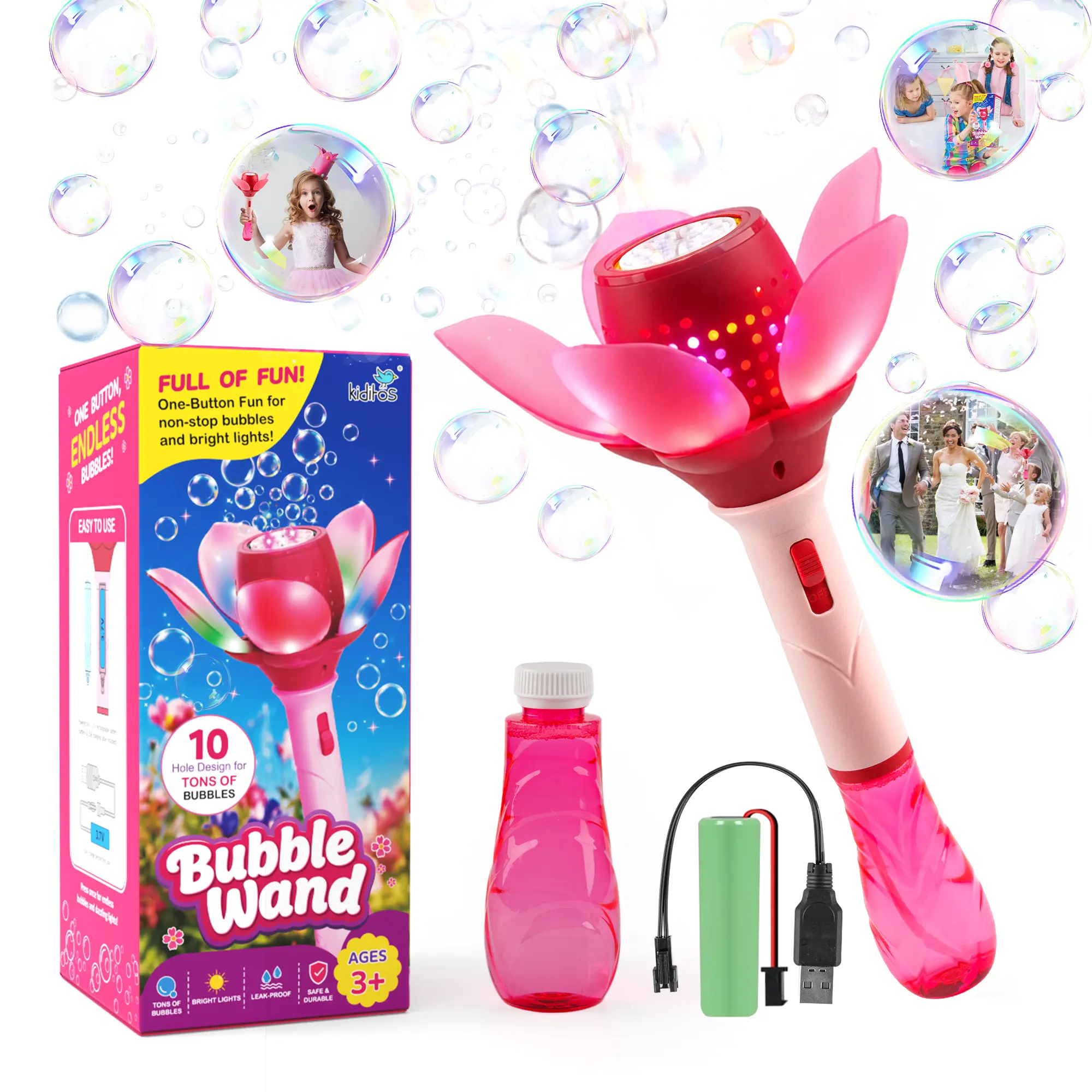Kiditos Light Up Blooming Flower Bubble Wand, Automatic Bubble Machine for Kids, Outdoor Summer Toy, Birthday Gift for Girls & Toddlers Includes Bubble Solution