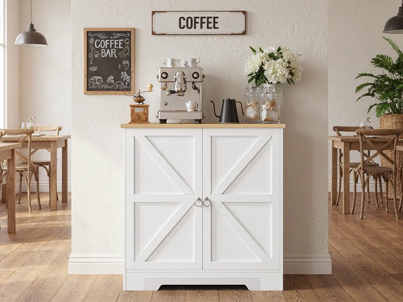 Buffet Cabinet with Storage, 32” Farmhouse Sideboard with Adjustable Shelves, Kitchen Storage Cabinet, Coffee Bar Station, for Dining Room, Living Room, White and Natural
