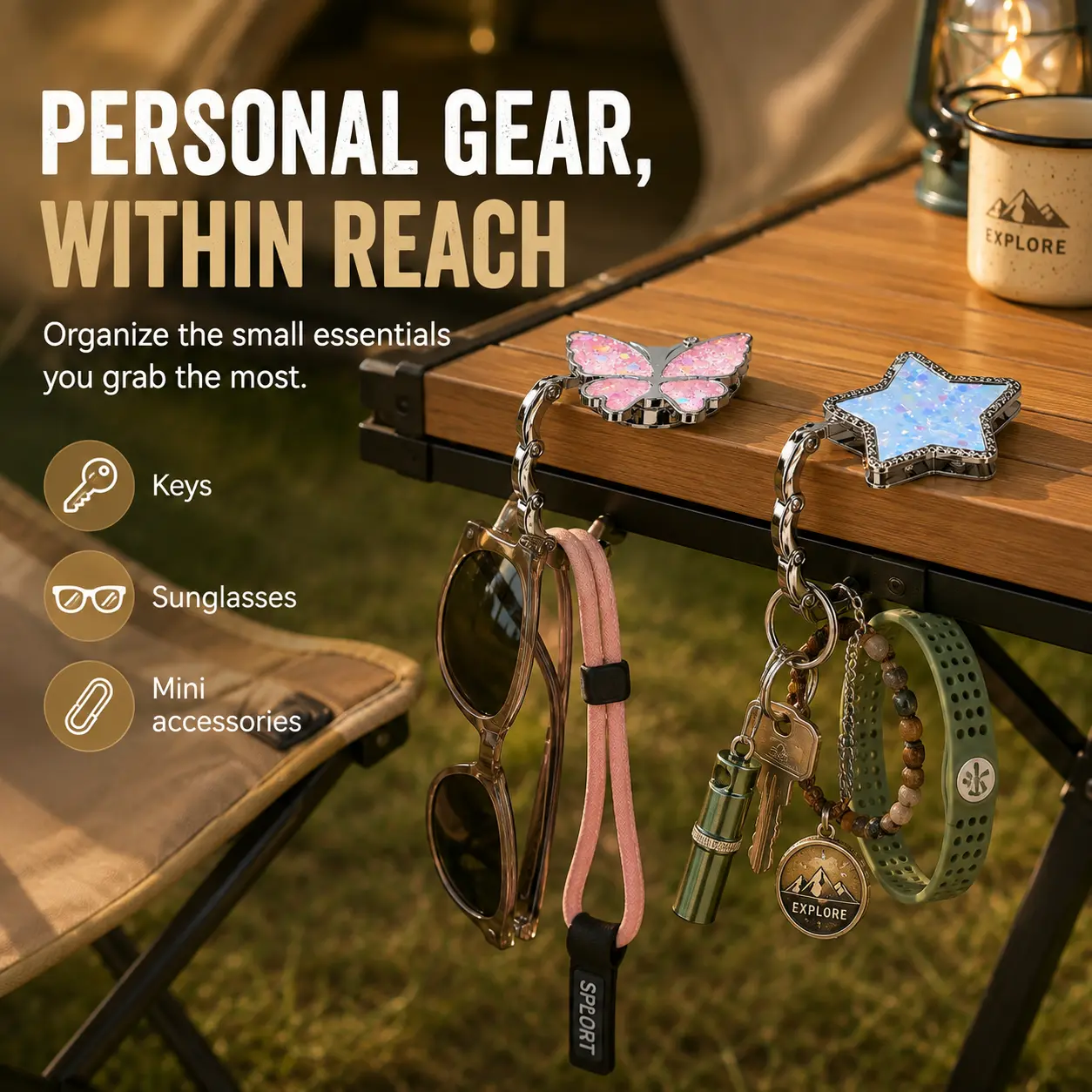 Foldable Purse Hook for Table, 1Pcs Metal Bag Holder Hooks Star Shape Portable Handbag Hangers Hooks for Home Office Purse Handbag Headphone Keys for Camping & Hiking Equipment