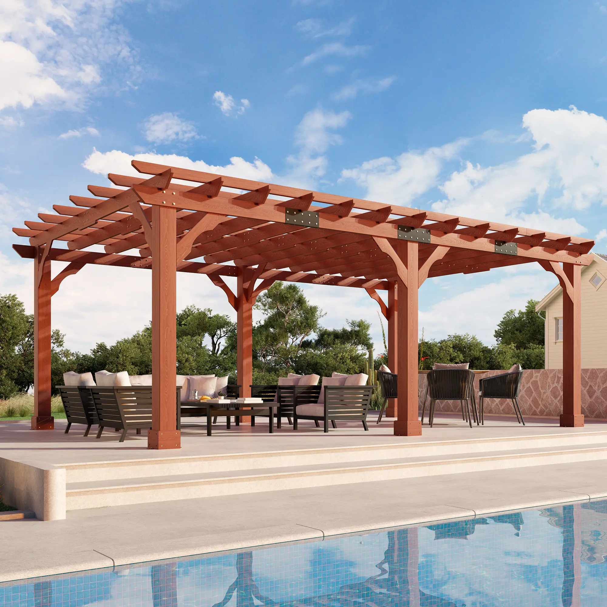 [Ships in 5 Boxes] AMERLIFE Premium Cedar Wood Pergola with Trellis Roof & Weather-Resistant Support, Outdoor Pergola Kit with Stakes, Garden Gazebo for Patio, Backyard & Events, Reddish-Brown