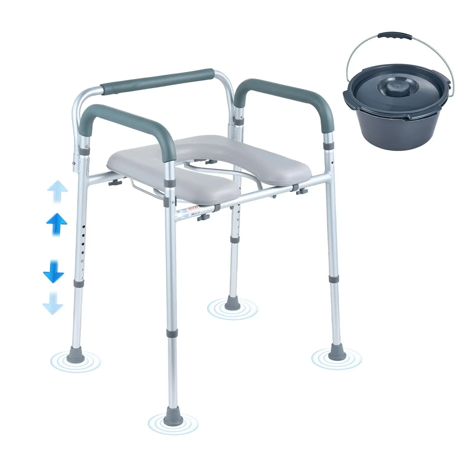 【SummerFinds】VEVOR Commode Chair, Bedside Commode with Padded Seat and Arms, 7-Level Adjustable Height, 5.8L Removable Bucket, Easy to Assemble, 350 LBS Capacity, Raised Toilet Seat for Adults Seniors