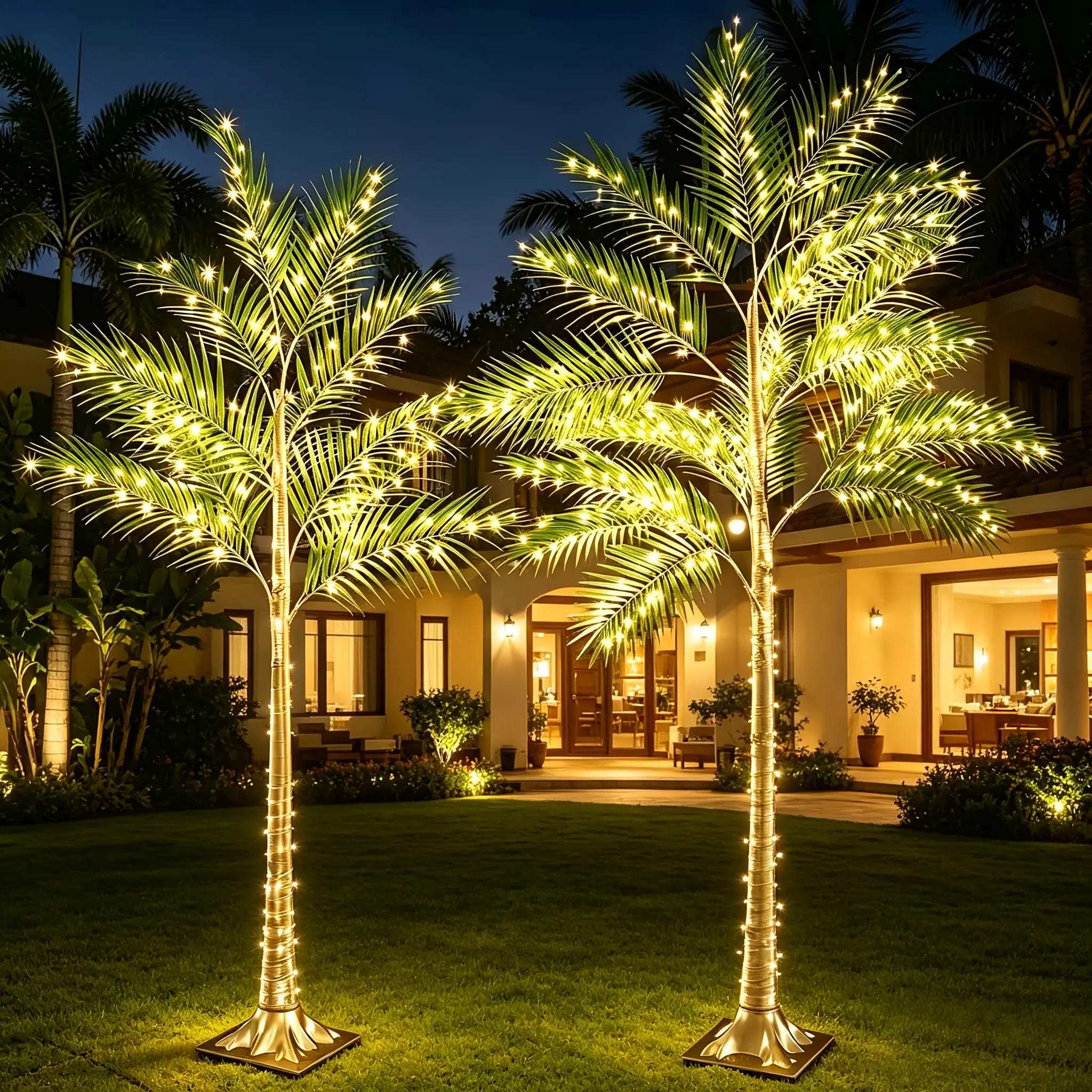 50.39/62.2/74.02inch Artificial LED Palm Tree Suitable for Poolside, Camping, Weddings & Parties - Self-Lit Golden Trunk with 8 Lighting Modes, / Decoration, Low Voltage for /Pets, Plastic -Standing Palm Tree