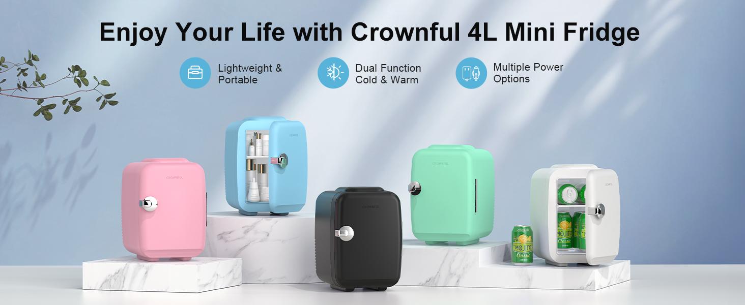 CROWNFUL Mini Fridge, 4 Liter/6 Can Portable Cooler and Warmer Personal Refrigerator for Skin Care, Cosmetics, Beverage, Food,Great for Bedroom, Office, Car, Dorm, ETL Listed (White)