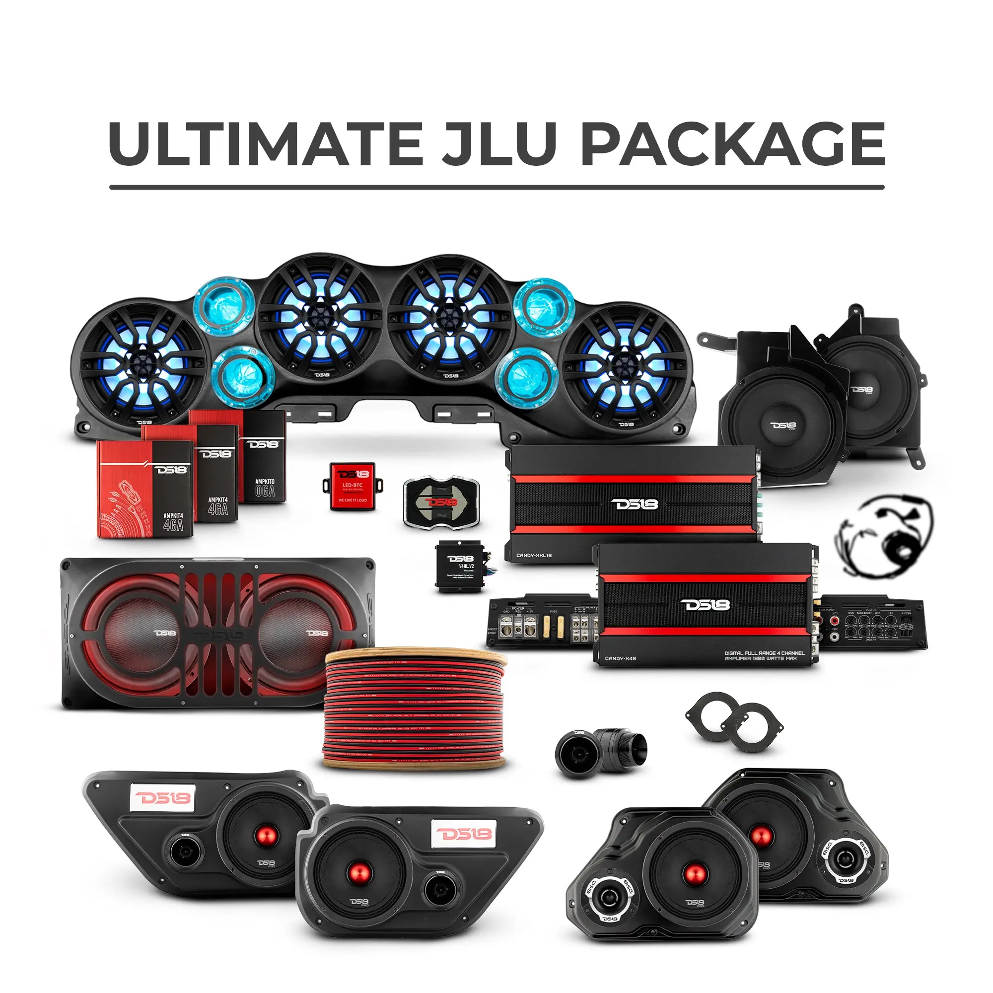 Jeep JLU 2018-2023 Full Set Car Audio Ultimate Package - Custom Copper Wire Bass Speaker System, Loaded Aluminum Sound Bar, Door Panels, Subwoofers, Amplifiers, RGB Lights, Bluetooth Controller