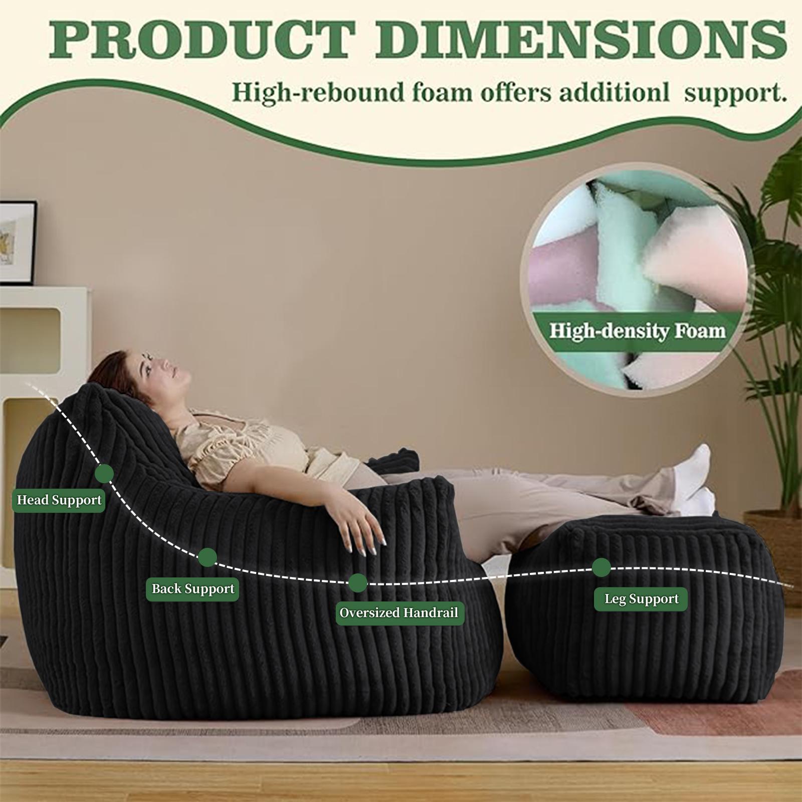 Oversize Giant Boneless Couch Bean Bag Soft Plush Corduroy with High-Rebound Memory Foam Filling Machine Washable Comfortable Sofa Chair w/Ottoman 5-Zone Support