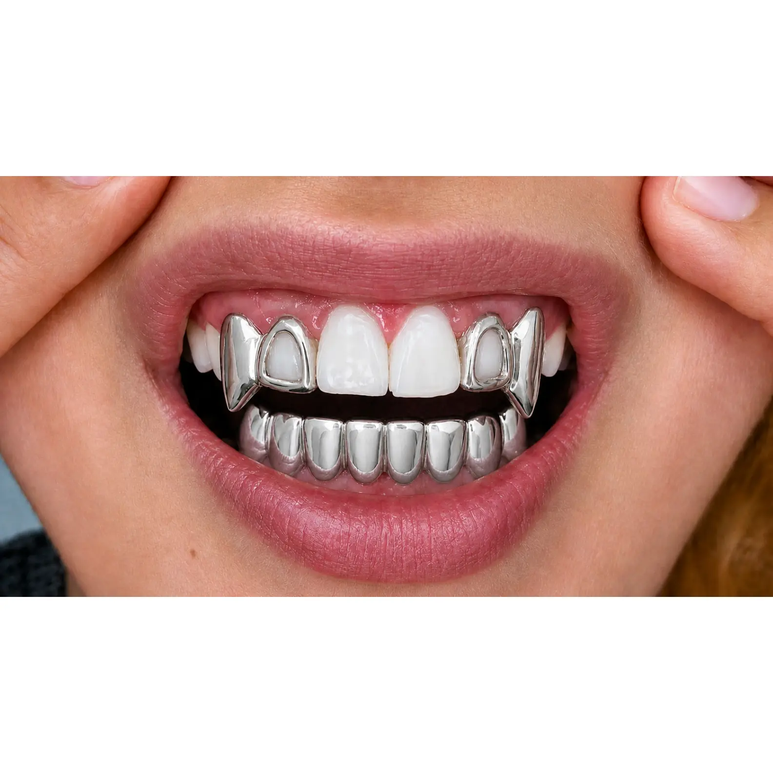 Silver Open Face Upper Double Fang & Lower Solid Grillz 3pc Set