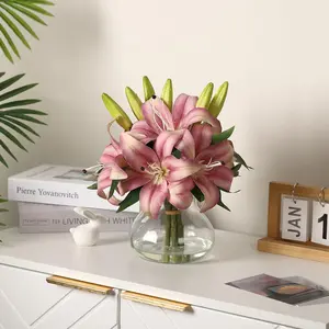 6-Pack Realistic Silk Lilies Artificial Flowers with Glass Vase – Lifelike Faux Lily Bouquet for Home Wedding Office Decor,No Maintenance,Bendable Stems,Ready-to-Display-Purple