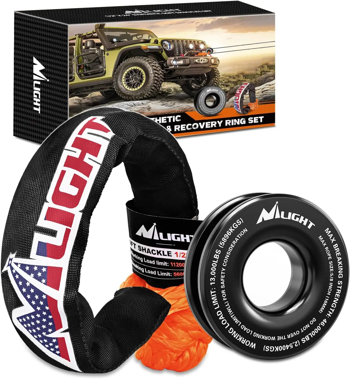 Nilight Synthetic Soft Shackle & Recovery Ring Kit - 1/2in x 24in (56000 LBS Breaking Strength), 46000 LBS MBS Snatch Ring, Easy Setup Weather Tough Towing Accessory for Truck 4x4 Off-Road Vehicles, Suv