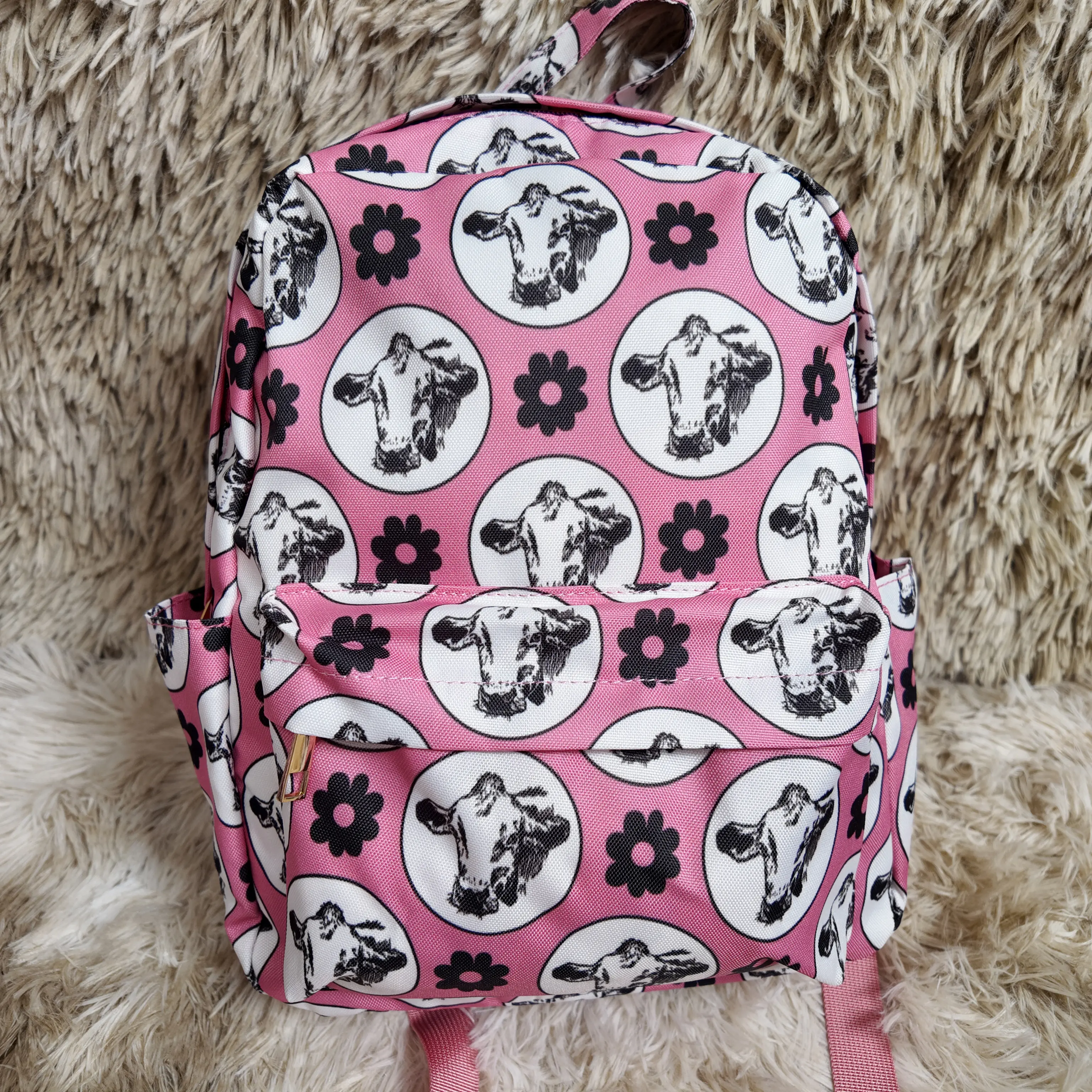 Pink cows floral printed western girls backpack toddler bag