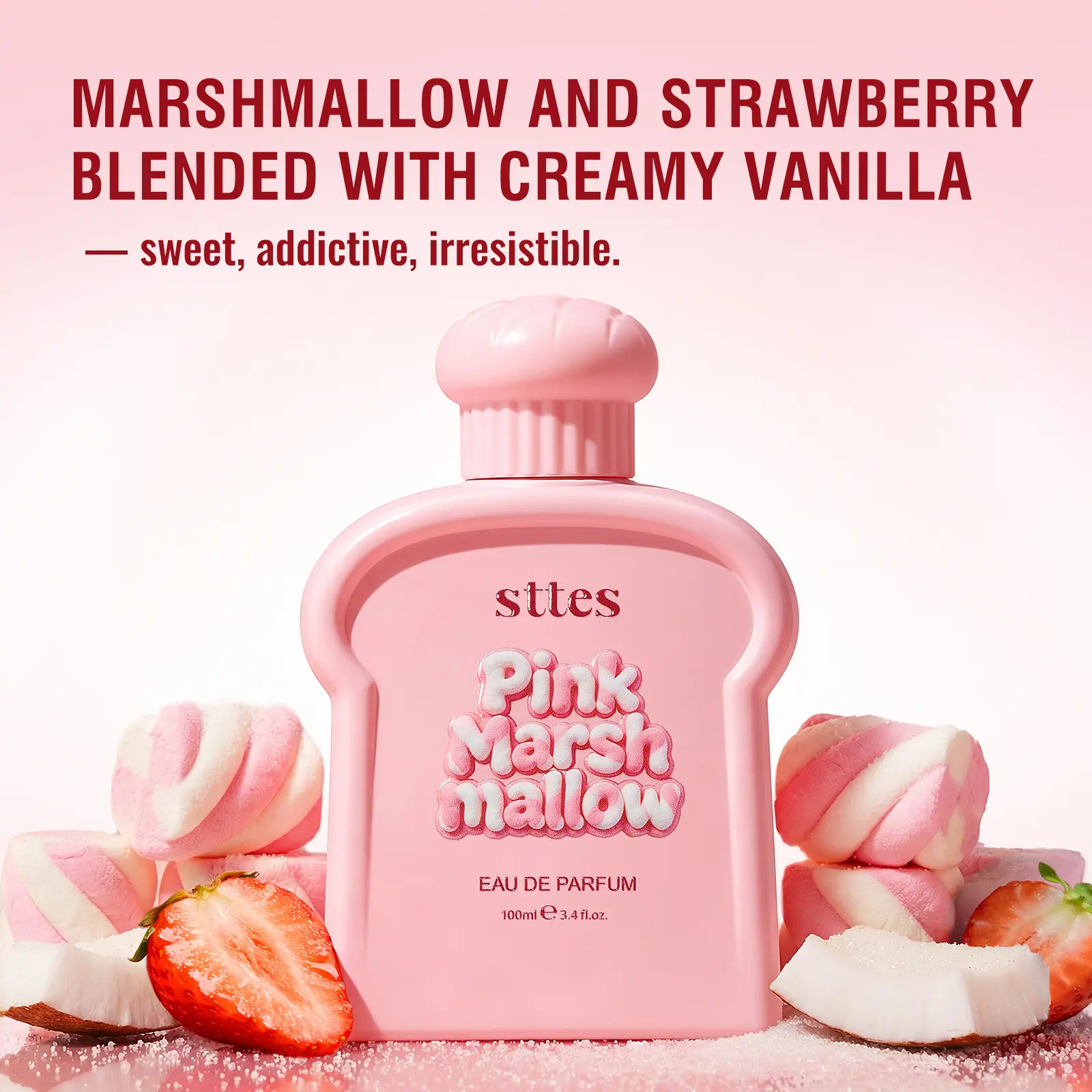 Sttes Marshmallow Eau de Parfum, Long-Lasting Unisex Gourmand Fragrance (Contains Neither Harmful Additives), Sweet Marshmallow Strawberry Whipped Cream Sugar & Vanilla Scents, 100ml/3.4 Fl Oz, Gift for Women, Ideal for Adults’ Brunch & Parties, Perfumes,