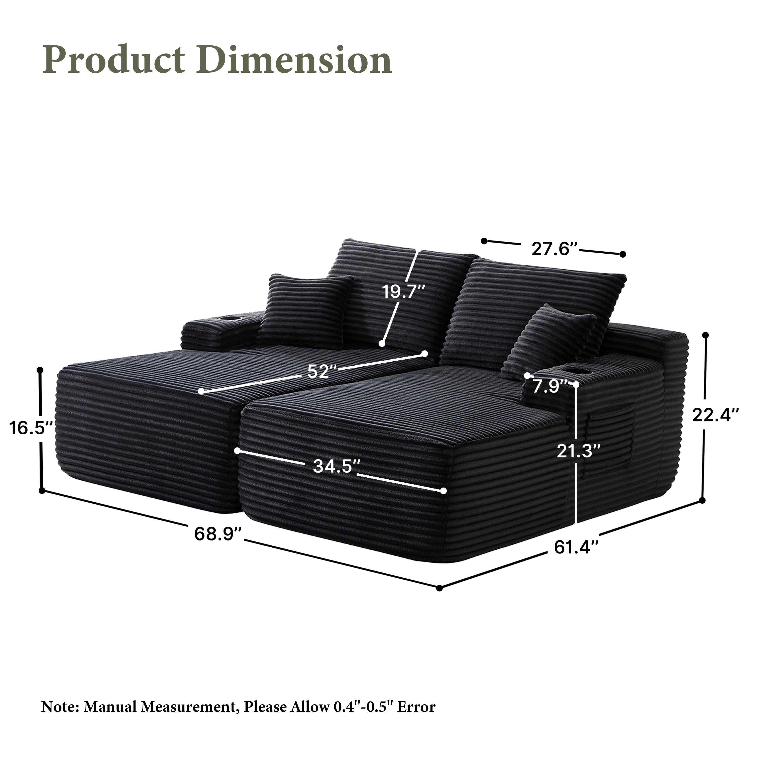 YOMSUM 69" Cloud Sectional Couch L-Shape Chaise with R-Shape Chaise Deep Seat Comfortable 2 Seater Plush Fabric Black,Chaise Lounge,No Assembly Required,Boneless Sofa Bed，With Side Pockets And Cup Holders
